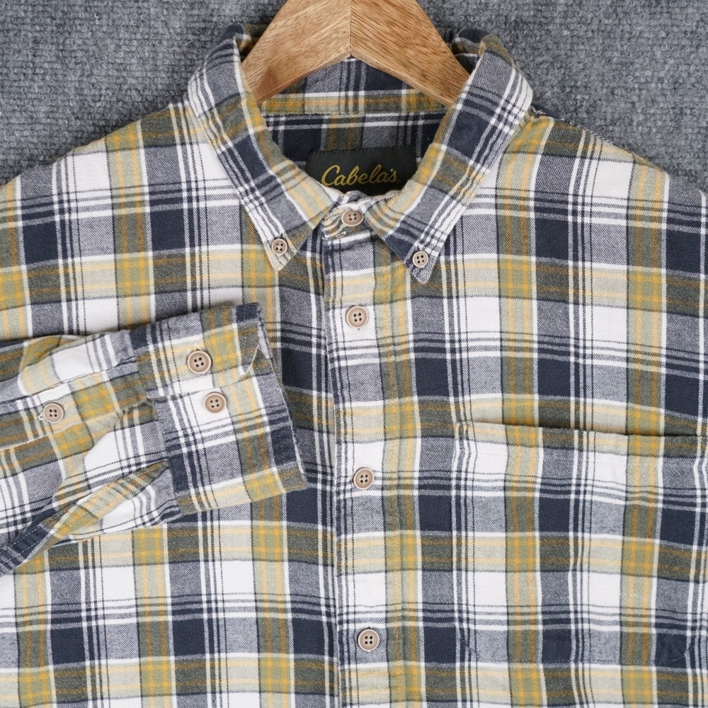Cabela's Button Down Shirt‎ Mens XL Yellow Grey Plaid Long Sleeve Flannel Style
